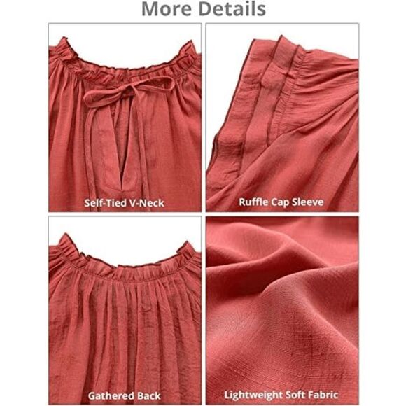 Women's Casual V Neck Tops Ruffle Flutter Shirt Cap Sleeve Blouse - Picture 4 of 5